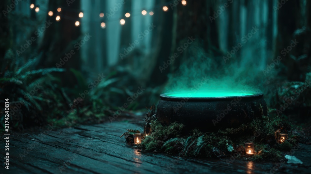 Obraz premium A dark cauldron filled with bubbling, glowing liquid sits in a misty forest atmosphere, evoking a sense of mystery and magic in a captivating and enchanting environment.