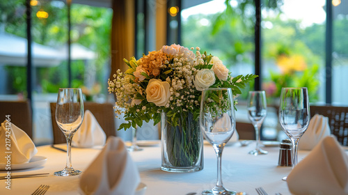 Elegant dining table showcases floral.