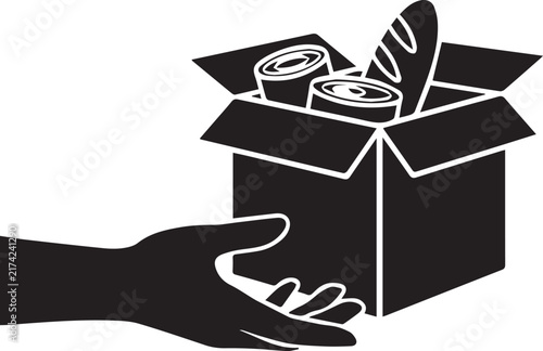 Vector silhouette of a human hand reaching for a cardboard donation box filled with canned goods and a baguette, isolated on a transparent background.
