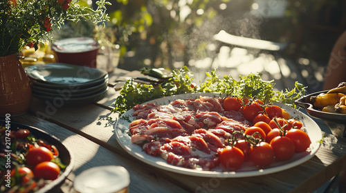 Fresh tomatoes and herbs on rustic.