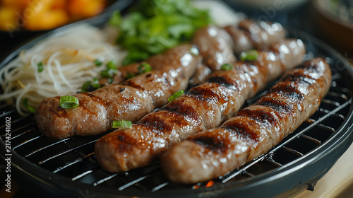 Grilled sausages with fresh herbs.