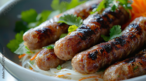 Grilled sausages served in white bowl.