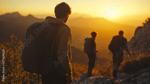 Backpacker admires sunset over rugged.