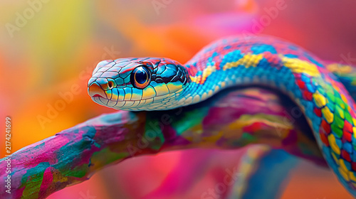 Colorful rainbow snake coiled around.
