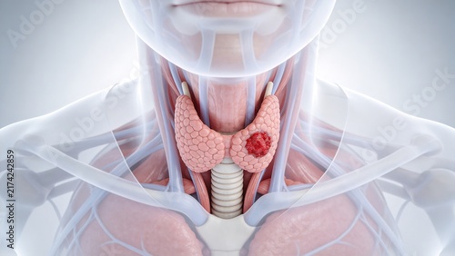 Thyroid Cancer: Malignant Tumor Lesion of Human Thyroid Gland, 3D Medical Anatomical Illustration of Endocrine Organ