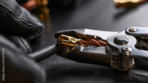 Close-up macro of electrical crimping pliers attaching a gold battery pin to high-gauge silicone wire in lab
