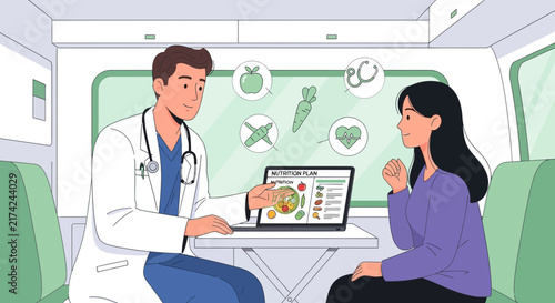 Medical Professional Discussing Nutritional Plan On A Digital Device Within A Clinic Environment