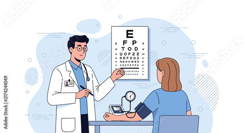 Medical Professional Conducting Eye Exam and Blood Pressure Measurement for Patient
