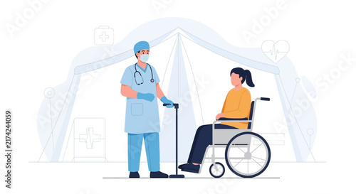 Medical Professional Discussing Patient Care With Woman During Consultation Inside Tent
