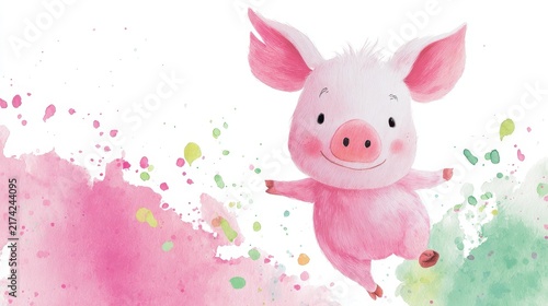 Cute pink piglet running joyfully, watercolor illustration of a happy baby pig character.