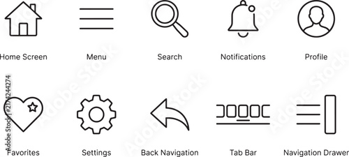 Mobile App UI Navigation Line Art Icon Collection with Dashboard, Menu, Profile, Notifications, Settings, Login, Messages, Navigation, Calendar and Location