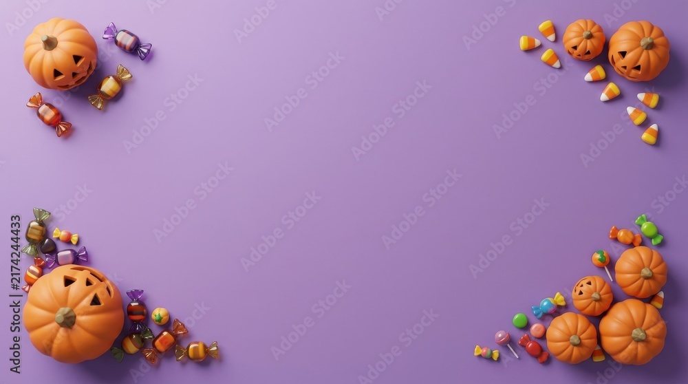 Fototapeta premium Halloween pumpkins and candy border on a purple background
