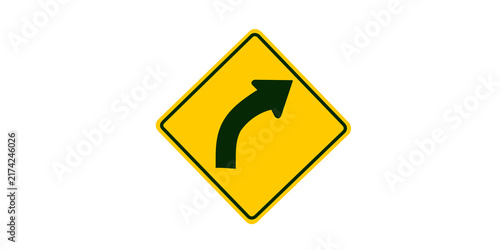 Fotografie Yellow diamond right curve traffic sign for road navigation and safety