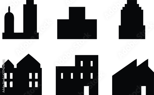 Set of silhouettes of city buildings on a white background