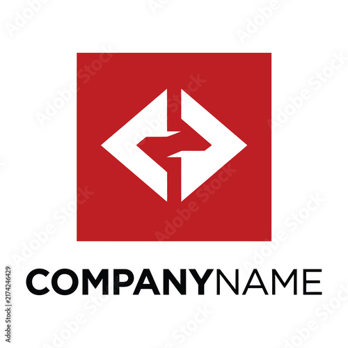 Red company logo with white symbol on square background
