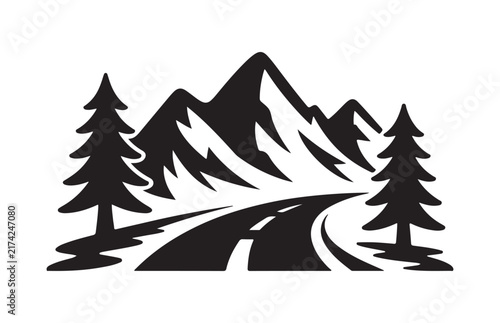 Black silhouette of mountains with forest trees and curved road for outdoor journey designs.