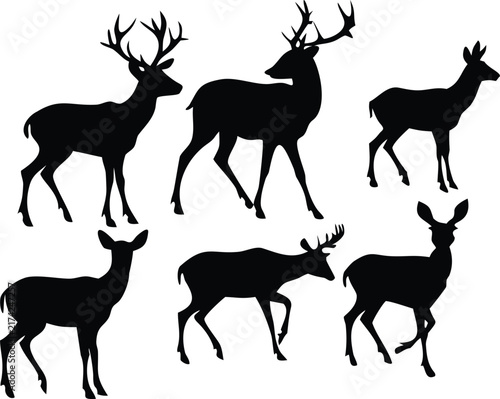 Set of deer silhouettes on a white background