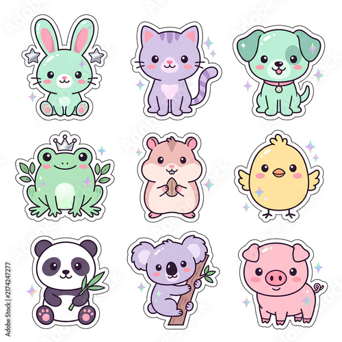 Kawaii pastel animal sticker set with Y2K aesthetic featuring nine cute characters on white background