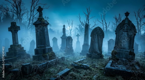 Dark atmosphere and gothic scenery of a haunted graveyard with old tombstones.