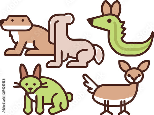 Cute Funny Cartoon Animal Vector Set with Rabbit Bunny Donkey Kangaroo Cat Dog and Fox Characters for Kids Design and Illustration