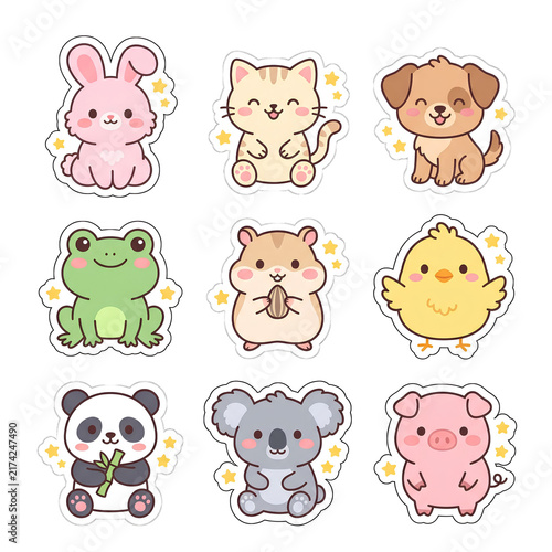 A collection of nine isolated kawaii animal stickers with white borders and stars for digital and print design.