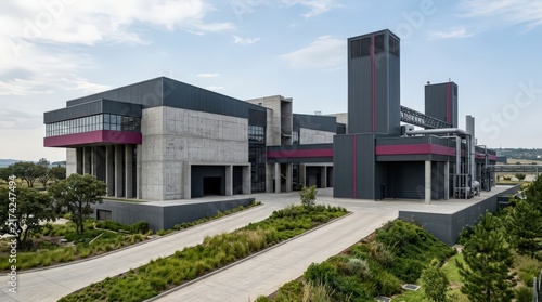 Modern Architectural Building with Geometric Design and Landscaping