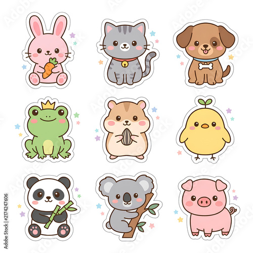 Adorable collection of nine flat-style kawaii animal characters isolated with white borders for digital stationery and nursery decor.