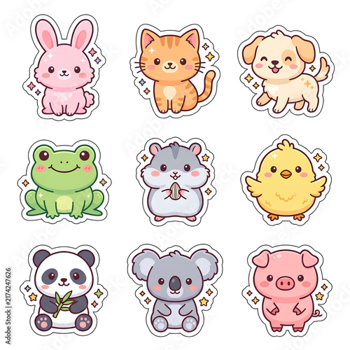 A collection of nine adorable chibi animal stickers featuring a rabbit, cat, dog, frog, hamster, chick, panda, koala, and pig in a flat kawaii style with white borders.