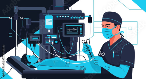 Medical Procedure Illustration: Surgeon Performing Operation in a Modern Operating Room Setting