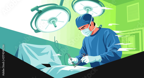 Medical Procedure Illustration: Surgeon Performing Operation in a Sterile Operating Room