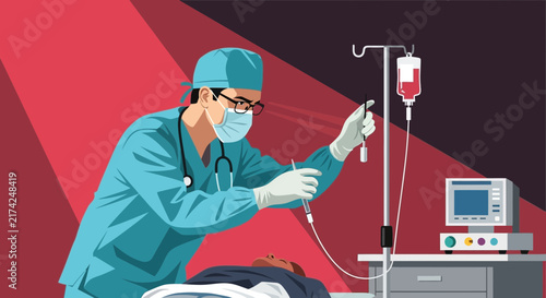 Medical Procedure Illustration: Surgeon Performing Operation in an Operating Room Setting
