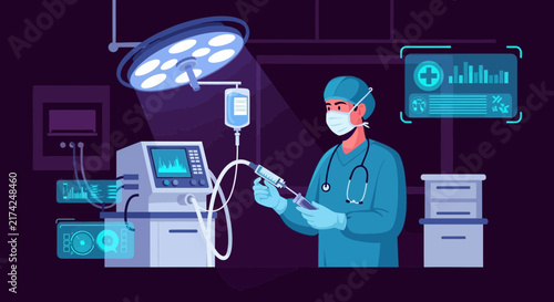 Medical Procedure Illustration: Surgeon in Operating Room with Advanced Technology