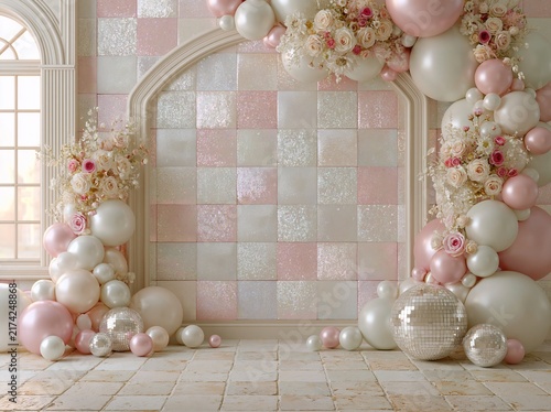 Pink and white balloon arch backdrop for wedding or birthday party event decoration