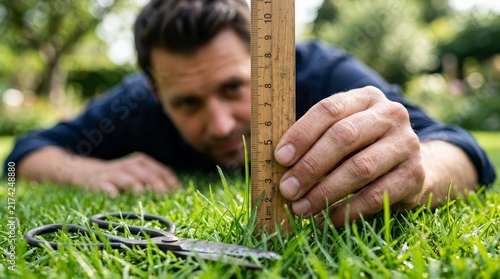 Close up of a person measuring green grass with a wooden ruler and scissors.