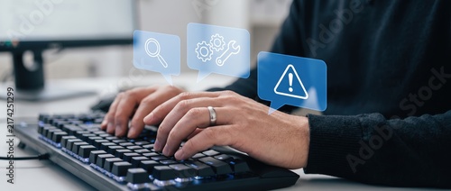 Close up view of an individual typing on a computer keyboard surrounded by digital icons representing search settings and alerts in a contemporary workspace setting.