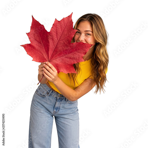 Young woman holding large red maple leaf in yellow shirt isolated transparent background