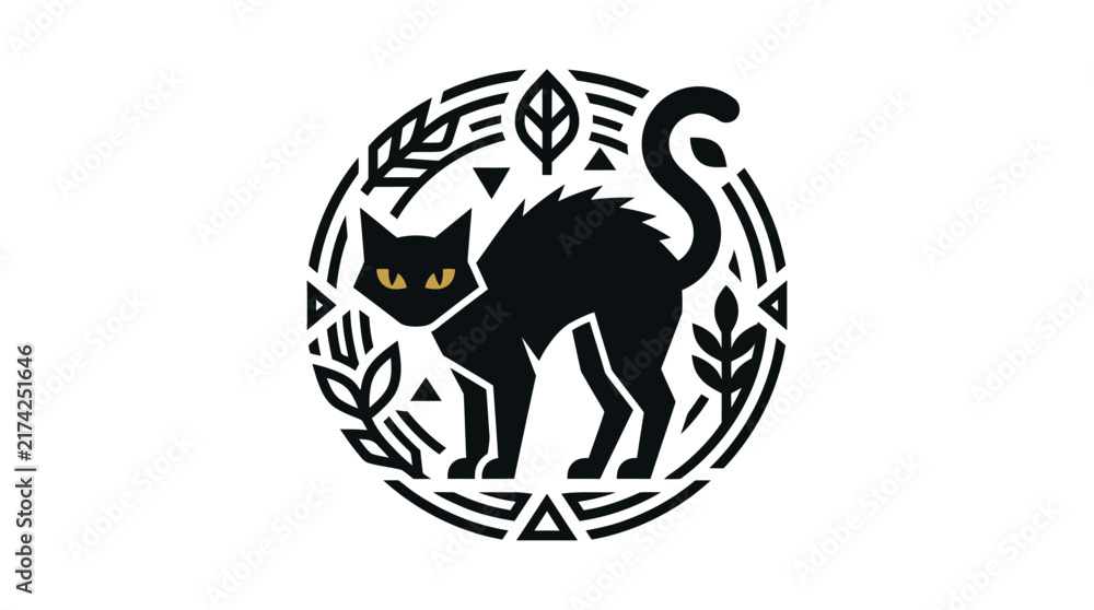 Fototapeta premium Stylized black cat illustration with botanical elements in a circular frame.