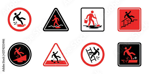 Transparent PNG of slip and fall hazard safety sign, wet floor slip hazard warning sign, stairway fall risk hazard warning, ladder fall hazard warning, slippery surface hazard warning, trip hazard.