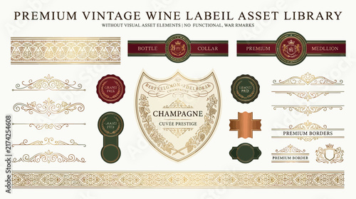 Vintage Wine Label Elements: Champagne Bottle, Seals, Borders, Ornaments