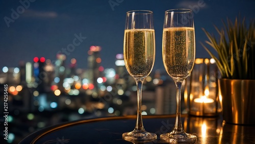 Two champagne flutes bubbling against a night sky, exuding a celebratory and festive mood. 