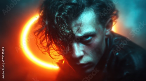 An enigmatic close-up of a young man with curly hair and a striking expression, set against a neon-lit background, capturing a moment of deep contemplation and emotion.