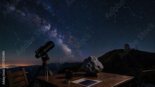 Dining table on hillside with telescope and asteroid model, starry sky and observatory silhouette, stargazing and astronomy concept. 