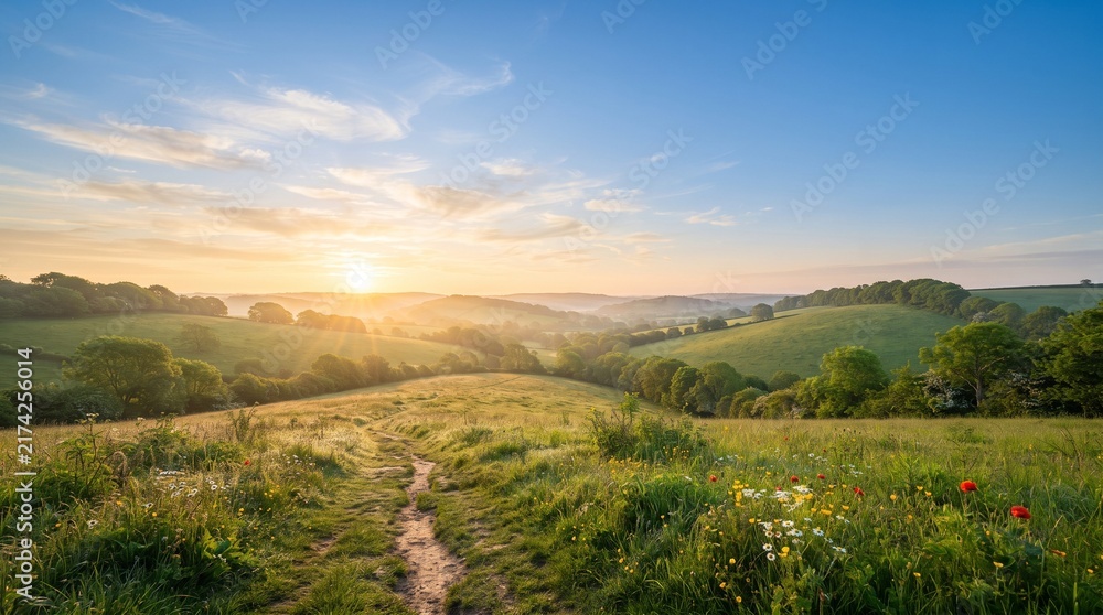 Fototapeta premium Golden Sunrise Over Rolling Green Hills – Scenic Rural Landscape Background for Travel, Wellness, and Nature Posters