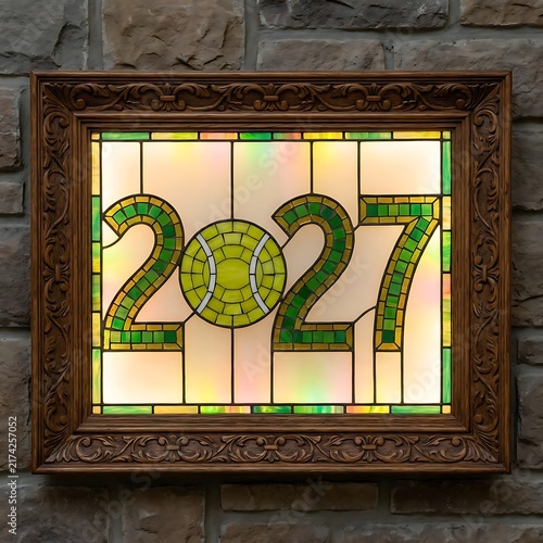 Stained glass art featuring 2027 with a tennis ball