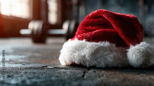 A festive red Santa hat lies on the gym floor near weights, blending holiday cheer and fitness culture in a unique juxtaposition of celebration and physical health.
