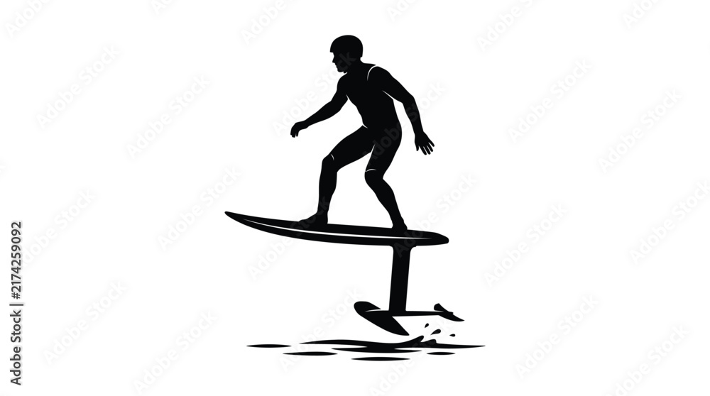 Fototapeta premium Surfer riding a hydrofoil board is depicted as a black silhouette surfing