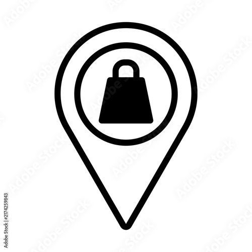 Map pin location pointer with shopping bag black vector line icon