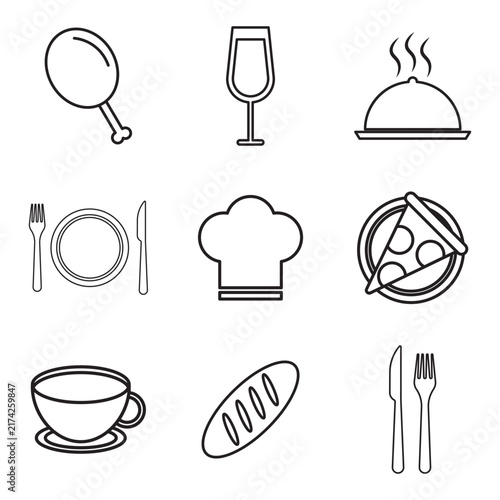 Restaurant food and kitchen utensils set black vector line icons