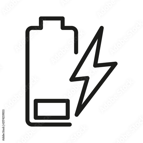 Low battery charge with lightning bolt flash black vector line icon