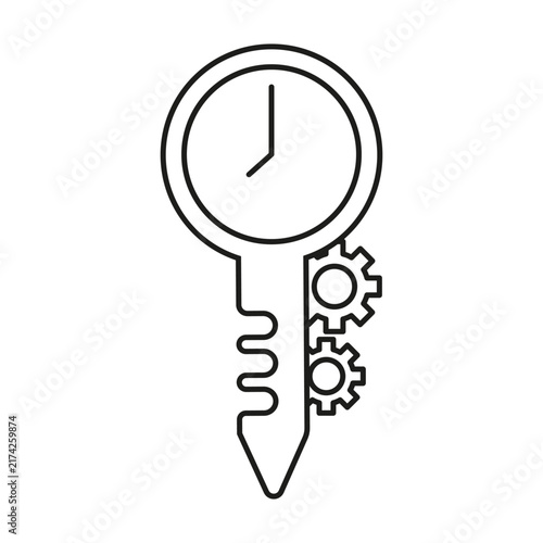 Door key with clock face and turning gears black vector line icon